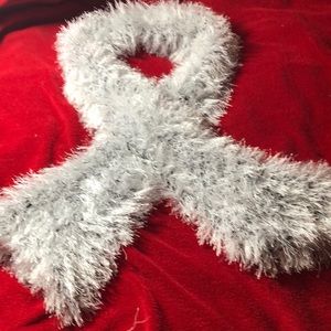 Hand knitted by myself. White/black 60 inch scarf